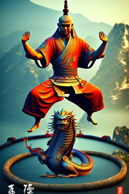 shaolin master vs yoga dragon, water, temple background, mist