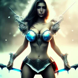 Epic full body picture portrait of busty atletic young beautiful Superwoman with greatsword Luis Royo styles