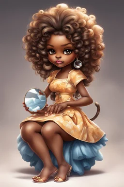 An adorable air brushed cartoon chibi Leo black girl sitting crossed-leg, holding a tiny mirror and applying brown lipstick with precise care. Concentrating hard, her giant curly mane and poofy dress give her a cute lion cub look. Despite her small stature, her proud posture and flair represent her lion-like personality.