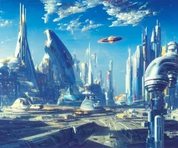 Spaceport on a heavy industrialized planet with a vibrant city in the background and a starting spaceship in the foreground, art by John Berkey, buildings with glass facades, insanely detailed, vibrant, 8k uhd, cinematic atmosphere, ultra-wide angle, street level view, brush strokes, blue sky with clouds, sharp focus