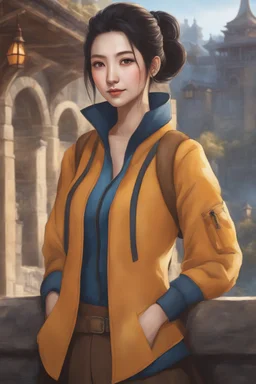 front view, beautiful female, asian, pale skin, dark hair, front shark spike hair, back high bun hairstyle, detailed dark eyes, yellow jacket, orange blouse, wearing backpack, baggy blue pants, hinge smiling, fantasy setting, medieval, year 1800, 8k, high detail, intricate, cinematic background, facing viewer