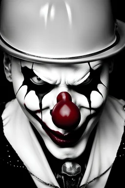Freaky sad Clowncore, distressed, scary evil face, (((surreal))) vicious, unhappy look, diffused ultra-gothic inkcore