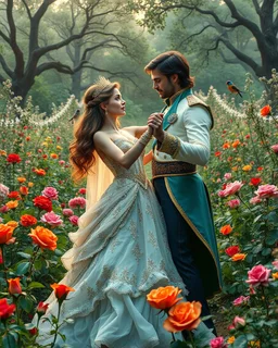 Beautiful Princess Romantic dancing salsa with handsome prince in Wild garden, flower beds, fractal ornamentation, over detailed, gloriously full and confusing, nothing that really exists, everything made up, fantasy world, sweet briar, photography graphic art, song birds, ochre rose, rose buds, dewy morning, forest of oaks,