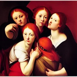 Four girl with red hair, Caravaggio style painting