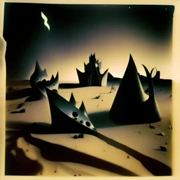 Polaroid close-up photo of odd shapes scattered over an arid wasteland, very spooky, night, intricate, Yves Tanguy, thoughtful, interesting, a bit appalling, smooth