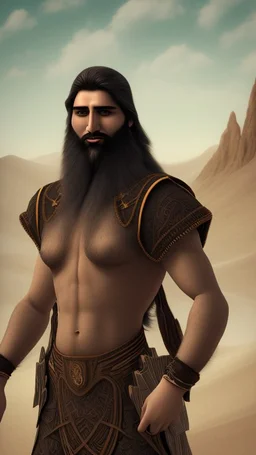 An Arab man in the desert, tall and strong, with long black hair and a thick beard. A long face, a large nose, a thick face, and sharp black eyes. A solid and muscular body with a strong build.