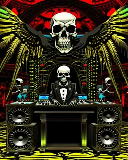 DJ of the damnded, insanely detailed DJ booth in hell, MID set, speakers and equipment made of bone, anatomically correct,