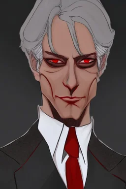 Realistic, red eyes, light skin, short black and gray hair, red earring, suit and tie clothing, gloves on hand