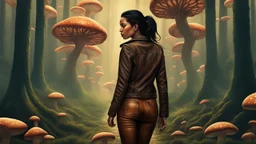 woman with black hair in a ponytail, in light brown leather trousers and jacket, walking through a forest of Alien mushrooms with jellyfish tentacles, photorealistic, Deep Colour, Intricate Detail