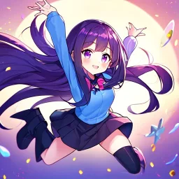 Clear focus,High resolution, Black long straight hair, and purple eyes, wearing a skirt,with stocking, with long boots on, Happy, Jumping