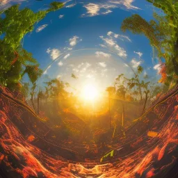 Sunset in a dense lush tropical jungle with lawn chairs, blue red and yellow. Warped. Fisheye. Bokeh.