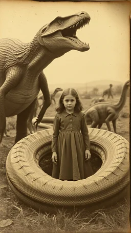 An old picture style of brown and white mono tone picture very bad quality looks very old camera picture of a girl surrounded by a giant creature looks like a snake around her the year 1900 in the background from a distance dinosaurs