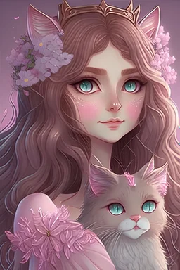 Beautiful and fairy queen from solaria light brown hair and grey ocean eyes wearing pink holding her grey cat studio ghibli animation style