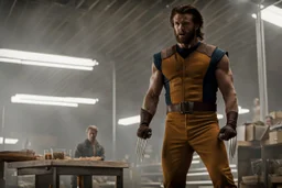 Still frame of Jared Keeso from Letterkenny as Marvel's Wolverine in a new movie. His claws are extended and he is wearing his orange and brown costume.