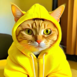 Cat wearing a yellow hoodie