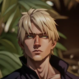 The handsome and perfect portrait is on the tropical island, anime, blonde-haired, lilac-eyed, and tan-skinned male character on the beach for the magazine, 8K resolution, high quality, ultra graphics, and detailed with lines.