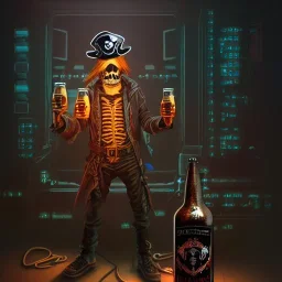 a cyberpunk hacker pirate captain skeleton holding beer with a pirate hat sitting in front of a huge old crt monitor in a dark room , only light coming from crt monitor, highly detailed, intricate, digital art, trending on artstation, trending on cgsociety, by greg rutkowski