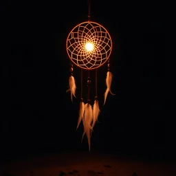 a dreamcatcher made of light, glowing internal light, natural red/brown tones, brown dirt ground long bottom, dark background
