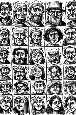 a sheet of paper showing diferent medieval faces of diferent medieval people with diferent expressions, some dramatic, somo happy. the style is minimal black and white stamp. in the sheet there are more than 5. very diverse court memebers and everyday people. man, woman, kids. white background