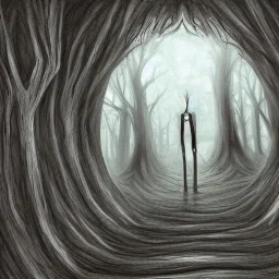 Slenderman, Library, tunnel, fantasy art, painting, creepy trees