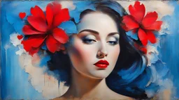 old painting, torn edges, blue, WOMAN, love, red heart, light, flower, double exposure, abstract surreal portrait, oil painting in impressionism, large strokes, airbrush effect, textured painting, antique style, vintage, semi-abstract, semi-realistic, surreal .