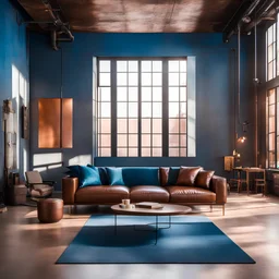 a photo of a gorgeous modern industrial interior with leather sofa, brown and blue colors, copper, bright interior, sunlight --ar 1:1