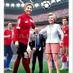 Hillary Clinton in a referee jersey officiating for a soccer match at Wembley Stadium