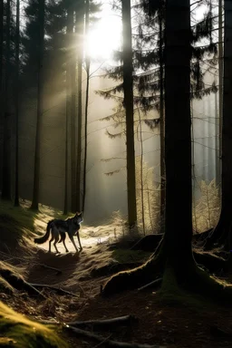 mroczny las we mgle. światło przebija się przez drzewa. wilk idzie między drzewami