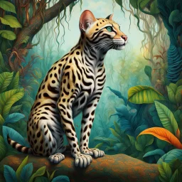 Create a surreal digital painting of an ocelot, seen from the side, whole body, heraldic and with a jungle background, in the style of Max Ernst. Modifiers: digital painting intricate beautiful high detail hyperrealistic high definition crisp quality colourful surreal alcohol ink Haunted Nature