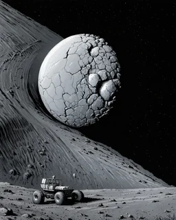 aerial lunar reconnaissance satellite image of a young impact crater with larger regolith along right ride. A damaged metallic alien sphere with fracture lines like an egg. organic growth across regolith and up crater walls. Along the lower frame edge a small modern bare-bones lunar-vehicle sits near the rim with visible wheel tracks. comic pencils