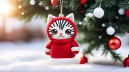 cute chibi cat shaped hanging Xmas tree ornament wearing red knitted pullover with zebra on it in sunshine, snowcapped xmas tree
