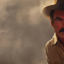 Tom Selleck, as Indiana Jones, dramatic light, close up, smoky background, high detail, cinematic, vignette