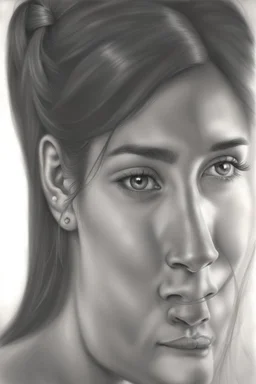 dibujo en grafito realista de rostro mujer 35 años pelo negro atado en cola de caballo tres cuartos perfil mira y sonrie plano tres cuartos perfil rasgos definidos labios definidos