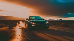 Create a cinematic wide-angle shot featuring the front view of a black 1998 Honda Civic racing through a post-apocalyptic desert road during a desert storm. Embrace a post-apocalyptic photography style to evoke a realistic yet dramatic and dark atmosphere, emphasizing the importance of achieving a cinematic look. Depict the resilient Honda Civic in this transformed world, navigating the harsh desert conditions and swirling sandstorm with speed and intensity.