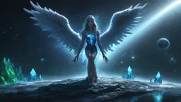 angels with a beautiful face with a wings siting on the monolith made of blue tiberium crystals of lights, matrix universe, planets on the back grounds, green crystals of tiberium on the life and right