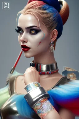 Hulya Avsar as Harley Quinn Photorealistic dramatic hyperrealistic criyng clown paint ,Crystal black eyes, elegant, by WLOP,Artgerm,Greg Rutkowski, Beautiful dynamic,shadows,Artstation,concept design art,Octane render,8K