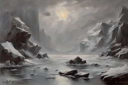 Grey sky, Winter, ice, fantasy, sci-fi, rocks, sci-fi movies influence, mountains, rodolphe wytsman impressionism paintings