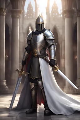 photorealistic holy knight paladin wearing a cape wielding a greatsword temple in the background