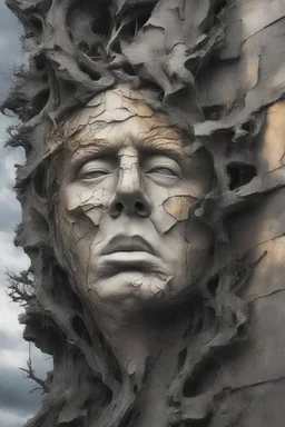 surrealis monochrome A fragmented, surreal sculpture liguid color of photorealistic image 3d,psychedelic art of trump glossy emerging from dreamlike a crumbling building. The face appears pale with deep cracks and intricate details, evoking a haunting expression. Blackened tree branches intertwine with the gold mengkilat cracks, set against a backdrop of stormy, cloud-filled skies. bauhaus art The overall tone is dark and moody, suggesting themes of decay and transformation. Include