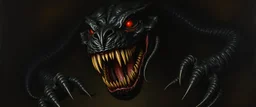 master oil painting by Rembrandt, good afternoon Nightmaw "A shadowy predator with a gaping, unnatural maw lined with multiple rows of crooked teeth, glossy black skin that absorbs light, long serpentine limbs, clawed fingers, glowing red eyes, stalking in darkness, exuding malice and hunger."