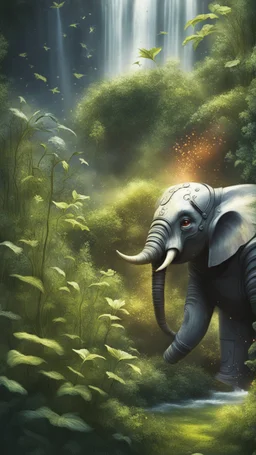 portrait of masked ninja robot elephant in the garden, waterfall and elves ,lotsa wild weed, in spotlight, magazine cover illustration with spray paint, signed, bokeh like, down-light, unreal engine, prize winning