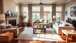 A family living room with a comfortable sofa and armchairs arranged around a sturdy coffee table. The room has a single fireplace with a mantel holding family photos, a soft area rug, and a designated play area with children's toys and a small table. Large windows with curtains let in natural light, and the walls are decorated with family-friendly artwork. Award-winning photograph, beautiful composition, exquisite detail and illumination