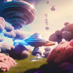 Spaceship landed on futuristic planet, sunny day. clear blue sky, cascade, flowers. Elegant. Extremely detailed. Award winning photography. Fantasy. 8k. Cinematic lighting. Photorealistic. Dynamic lighting. Imperial colors. Crisp quality. Unreal Engine. Colourful cinematic postprocessing. Pixar. VRay.