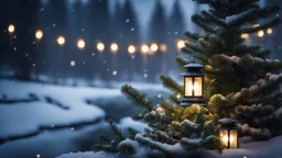 fir forrest scenery, heavy mist,valley,creek,forest,christmas lanterns,tree,,nature,night,snow,fir tree,high-quality photograph,photorealistic, shot on Hasselblad h6d-400c, zeiss prime lens, bokeh like f/0.8, tilt-shift lens 8k, high detail, smooth render, unreal engine 5, cinema 4d, HDR, dust effect, vivid colors,night