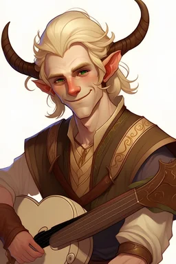 A 20 year old handsome male tiefling bard with blonde hair