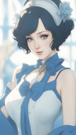 Yong Elizabeth with short black hair and blue eyes and blue and white dress in 8k anime cgi artstyle, bioshock them full body, intricate details, highly detailed, high details, detailed portrait, masterpiece,ultra detailed, ultra quality