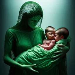 serene yet haunting scene depicts a humanoid cradling two children—one human, one humanoid—in her arms. The humanoid mother gazes at them with a peaceful expression. The human child, wrapped delicately in a green, net-like material, sleeps soundly, while the humanoid child, resembling its mother, nestles beside the sibling. Tears stream from the humanoids eyes, evoking a sense of sorrow suggesting both entrapment and technological dependency. Intricate patterns adorn her head, leading to a majes
