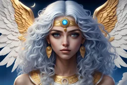 simetric PRETTY eyes, beautiful face and eyes,WHITE SILVER BLUE hair flying, highly detailed face, sky, GOLD eyes, realistic, background moon, angel big wings, Ultra detailed digital art masterpiece, beautiful GIRL 26 yearS old, EGYPTIAN GIRL with simetric eyes with long, curly hair