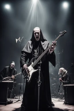 papež hraje na pódiu v blackmetalové kapale na baskytaru, biskup hraje na bicí, kardinál na elektrickou kytaru a jeptiška řve do mikrofonu, ponurá atmosféra, veliká scéna koncertu, pentagram, obrácený kříž, veliký kontrast, hodně detailů, fotorealistické, RAW