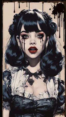 Poster in two gradually, a one side malevolent goth vampire girl face and other side the Singer Melanie Martinez face, full body, painting by Yoji Shinkawa, darkblue and sepia tones,